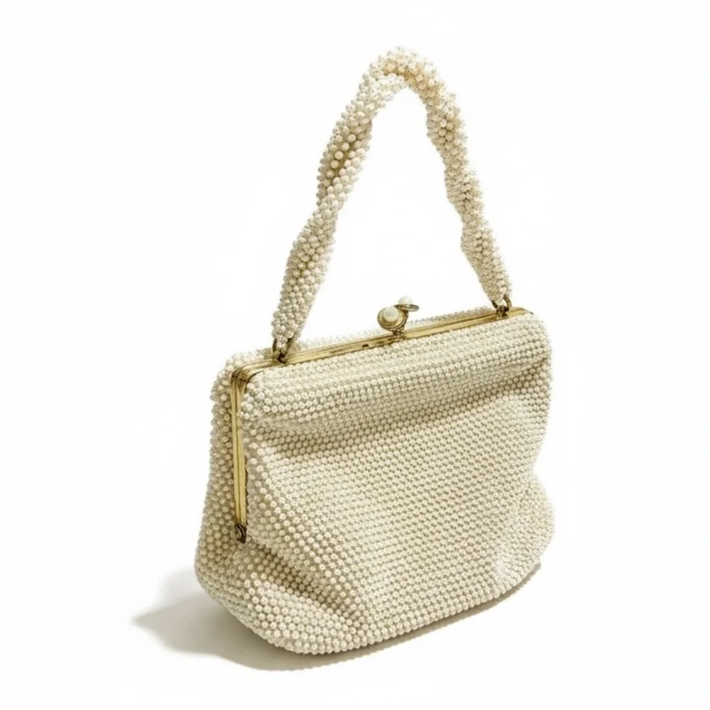 1960s MCM Lumured Corde-Bead White Beaded Handbag w/Handle Evening Bag Purse USA - Picture 1 of 5